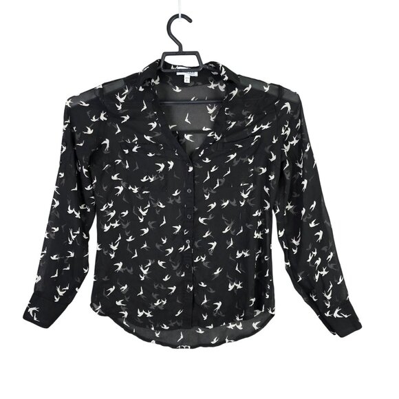 Womens Express Black Sheer Portofino Shirt White Bird Print Button Up Size XS - Picture 1 of 7